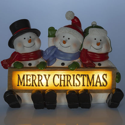 Glowing Merry Christmas Sign Trio LED Snowman Decor Christmas Figurines Resin Lighted Snowman Decorations Holiday Light up Snowman Indoor Festive Fiber Optic Decorations